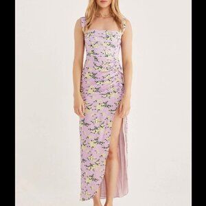 NEW RUMER Estelle Square Neck Linen Maxi Dress In Lilac Floral Size Large